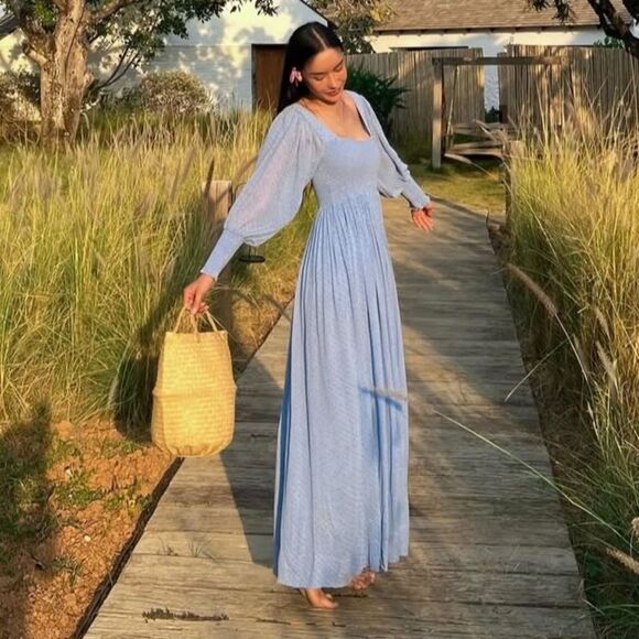 GANNI Georgette Shirred Floral Print Maxi Dress Forever Blue size 38/6 - Picture 1 of 9